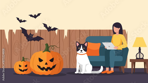 A person sits on a couch with a tablet, a dog sits nearby, and pumpkins with bats fly