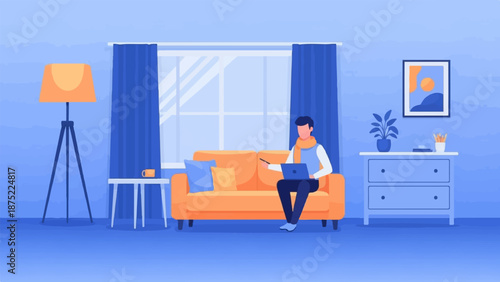 A person sits on a sofa using a laptop, in a room with a lamp, window, and dresser