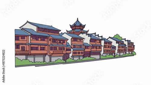 A quaint row of traditional buildings with tiered blue roofs and warm orange facades