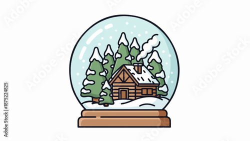 A quaint snow globe featuring a cozy cabin surrounded by snow-dusted evergreen trees, with smoke gently rising