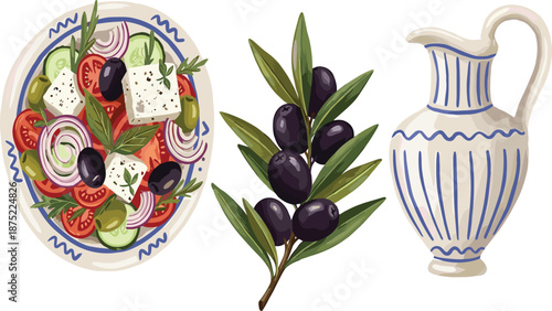Mediterranean Greek food illustration, salad plate olives olive branch ceramic jug, traditional cuisine elements vector icons isolated design