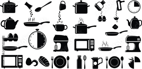 Essential kitchen cooking tools and food ingredients vector icon collection for recipe preparation guides