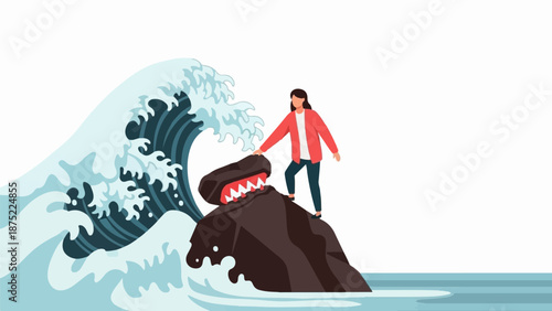 A person stands on a rock with a monster's head, facing a huge wave