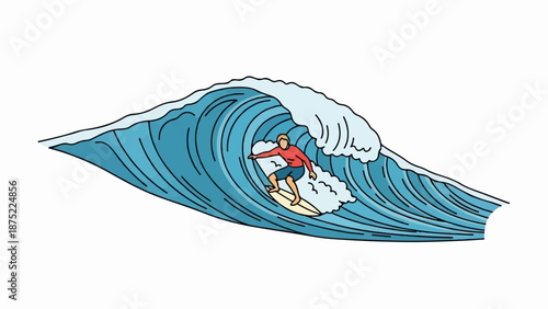 A person surfs a large wave breaking in blue water