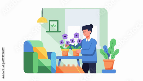 A person tends to potted flowers in a living room with a sofa and a lamp