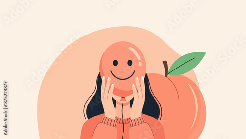 A person wears a smiley face balloon as a mask, with a large peach beside them