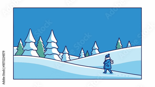 A person walks through a snow-covered landscape with pine trees