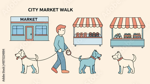 A person walks three dogs past market stalls with donuts and produce