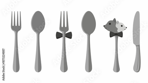 A quirky set of silverware includes a fork, spoon, fork with bow, spoon with animal heads, and a knife