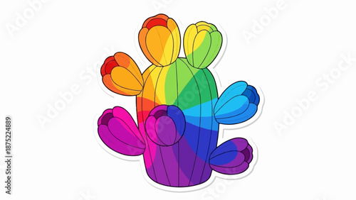 A rainbow-colored cactus with budding flowers in a cartoon style