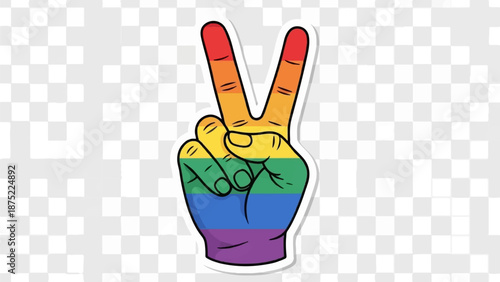 A rainbow-colored hand displays the peace sign