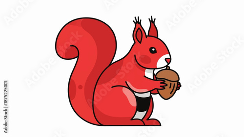 A red cartoon squirrel with a bushy tail holds an acorn in its paws