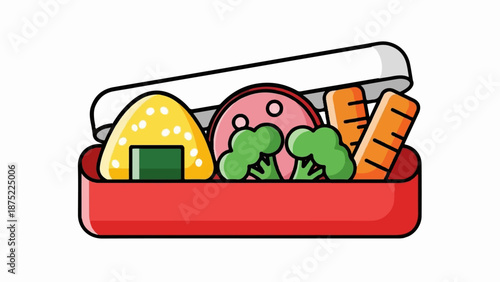 A red bento box filled with a rice ball, sliced ham, broccoli florets, and carrots