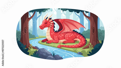 A red dragon rests peacefully by a sparkling stream in a serene forest