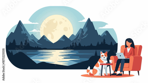 A person works on a laptop in a cozy chair next to a cat, with a serene mountain lake landscape behind them
