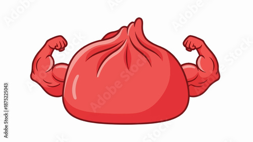 A red dumpling with muscular arms flexed outwards on a white background