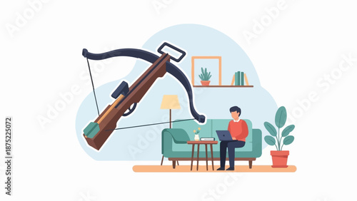 A person works on a laptop in a living room with a large crossbow