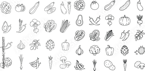 Extensive collection of simple outline vector icons representing a wide variety of fresh vegetables
