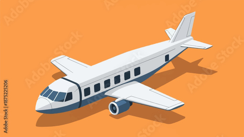 A simple, minimalist illustration of a twin-engine airplane on an orange background