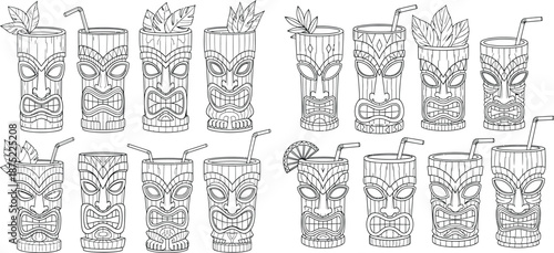 Hand drawn collection of traditional tiki mugs with straws, ideal for summer party invitations or tropical menus