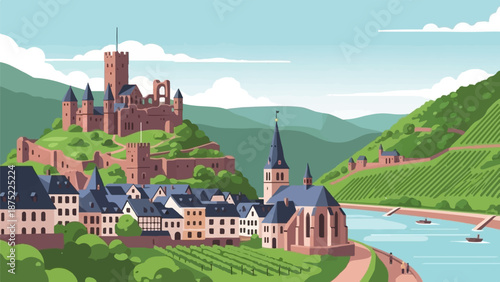 A picturesque medieval village nestles by a river below a grand castle