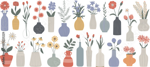Minimal floral vases illustration collection, pastel botanical flowers in ceramic pots, modern Scandinavian home decor art, elegant hand drawn vector set