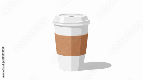 A simple pixel art white disposable coffee cup with a brown textured sleeve