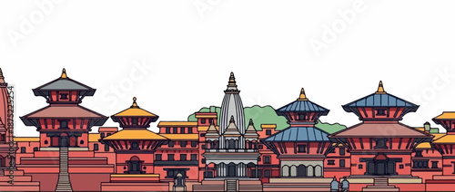 A picturesque, stylized panorama of ornate architectural structures, featuring pagoda-style roofs and tiered bases