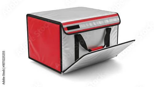 An isolated 3d gas pump nozzle and metal container object representing a black plastic storage case for industrial business technology