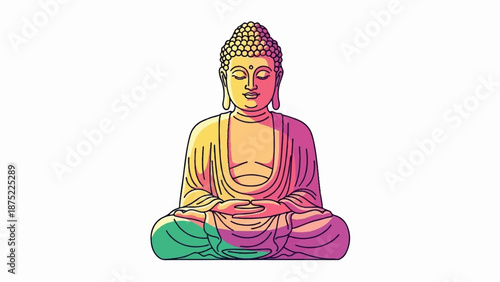 A stylized illustration of Buddha in a meditative pose, with vibrant color gradients