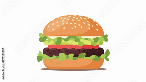 A simple, stylized illustration of a classic hamburger with a sesame seed bun, lettuce, tomato, and a patty