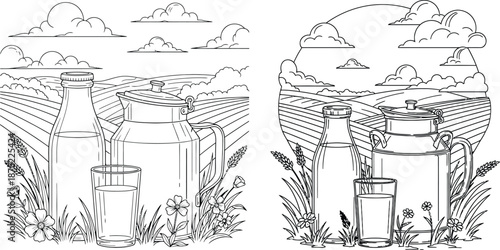 Line art farm scene featuring fresh milk in containers amidst wheat fields and clouds