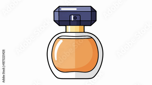 A stylish perfume bottle with an amber liquid and a dark faceted cap