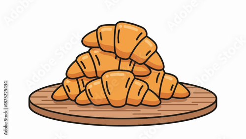 A pile of golden croissants sits on a wooden board