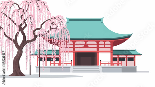 A stylized Japanese temple with a blossoming cherry tree in spring