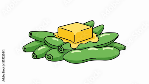 A pile of green pods with a melting pat of butter on top