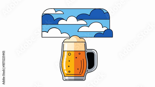 A stylized beer mug filled with golden liquid and foamy head, set against a sky with clouds