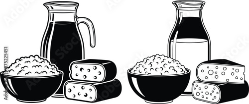 Line art illustration featuring a milk pitcher, a bowl of cottage cheese, and rectangular cheese blocks