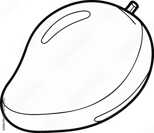 A simplified, bold outline drawing of a single, plump mango fruit, showing its smooth curved shape and stem