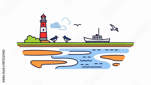 A simplified coastal scene with a lighthouse, boat, birds, and abstract water