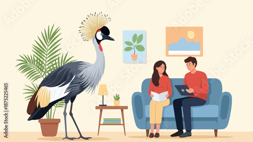 A stylized bird with a feathered crown stands near a couple relaxing indoors
