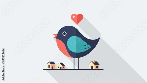 A stylized bird with a heart above it, standing over tiny houses
