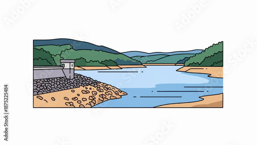 A simplified dam holds back a calm body of water, surrounded by green hills