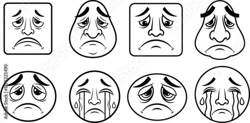 Line icons depicting human faces with sad, unhappy, and crying expressions for emotional communication