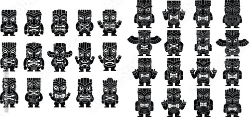 Multiple stylized Tiki mask illustrations showcasing ancient cultural symbols and expressive faces