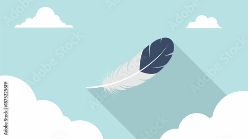 A single, dark-tipped feather floats against a pale blue sky with soft, white clouds