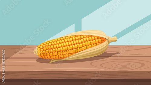 A single ear of corn, partially husked, rests on a wooden table against a pale blue background