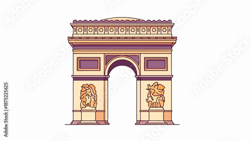 A stylized monument arch with decorative reliefs and ornate detailing
