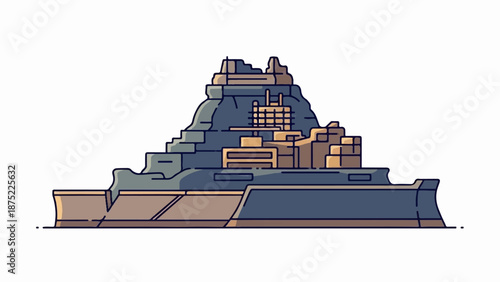 A stylized, multi-tiered geometric structure with stepped levels and angular features