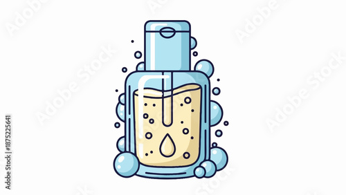 A stylized cartoon bottle of liquid with bubbles, a drop, and a dispenser